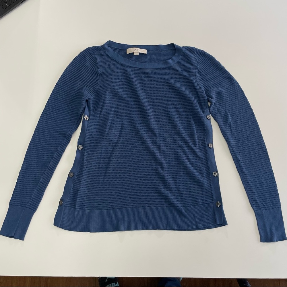 LOFT Knit Long Sleeve Sweater Blue Womens S Coastal Cottagecore Office Casual